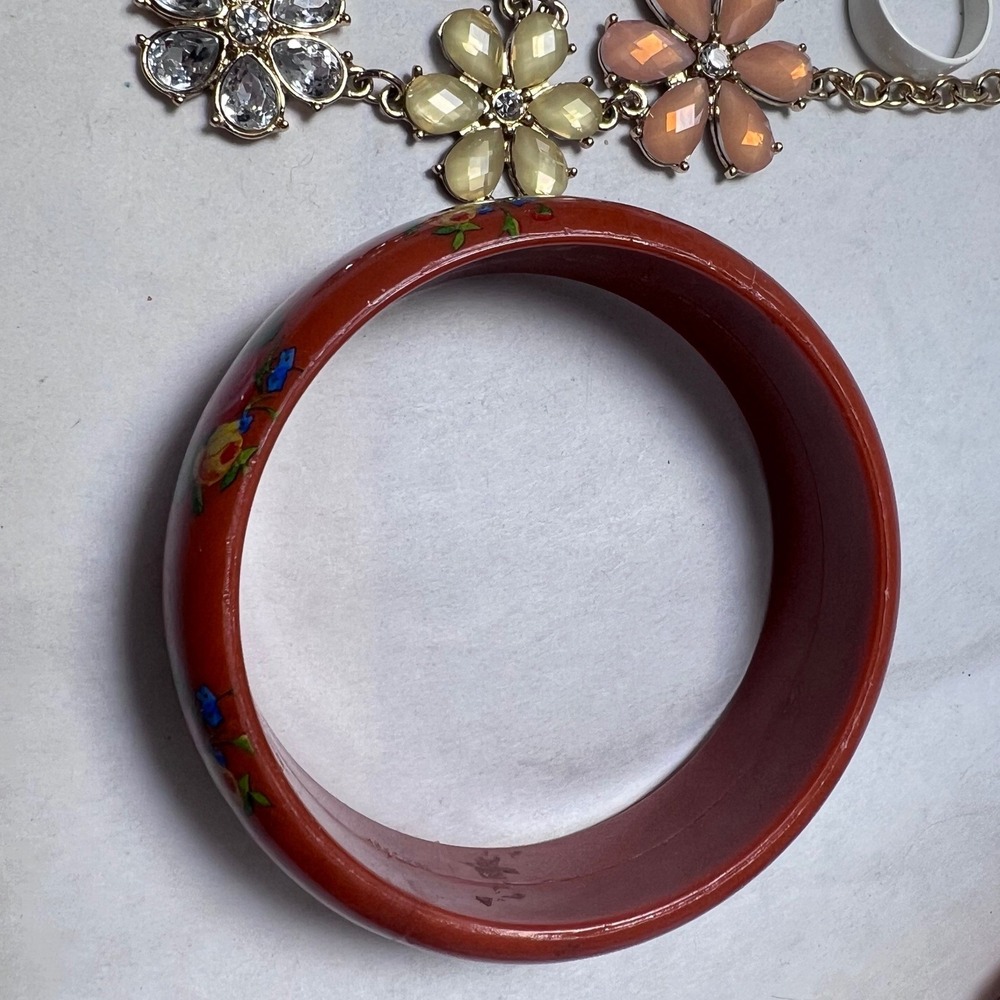 vtg - Modern Jewelry Orange Flowercore Bib Necklace Enamel Earrings Bangle‎ Cuff - Picture 15 of 16